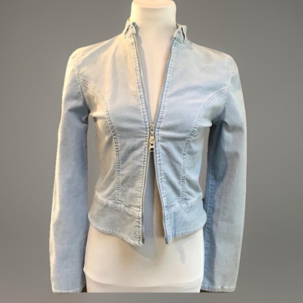 JLo sz Small BoHo CHIC Power Blue Stretch Cord 2 way Zip Accent Jacket - Picture 3 of 9
